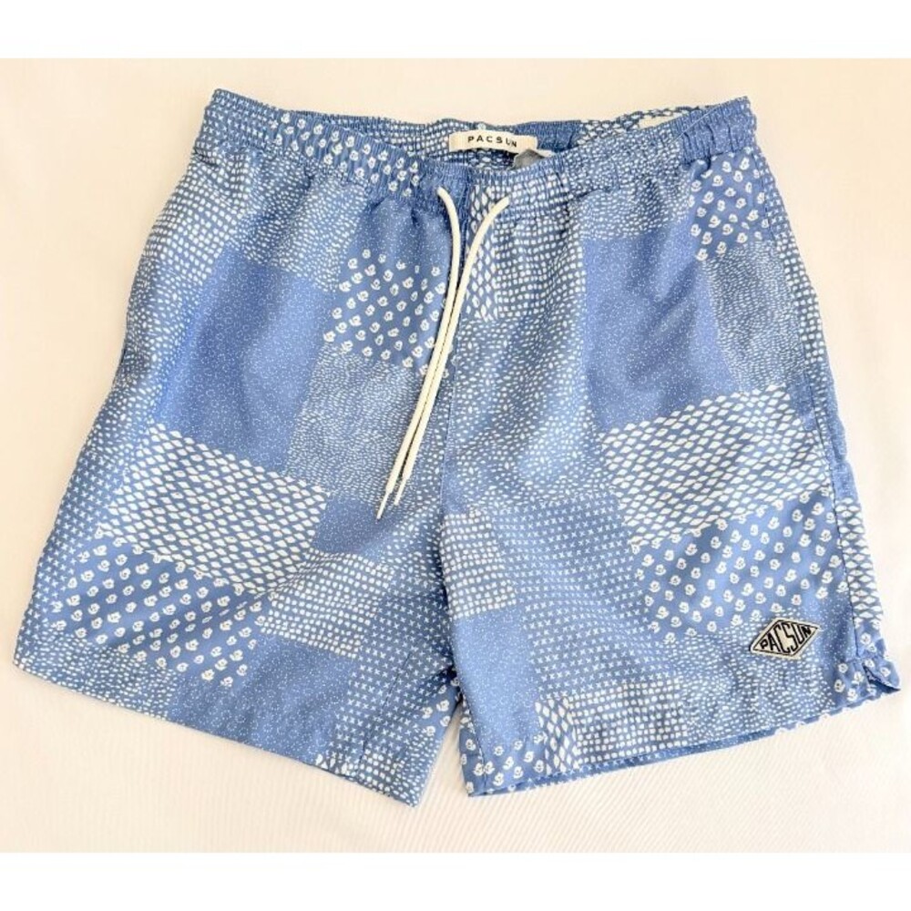 PacSun Men's Blue Patchwork Print Swim Trunks Medium